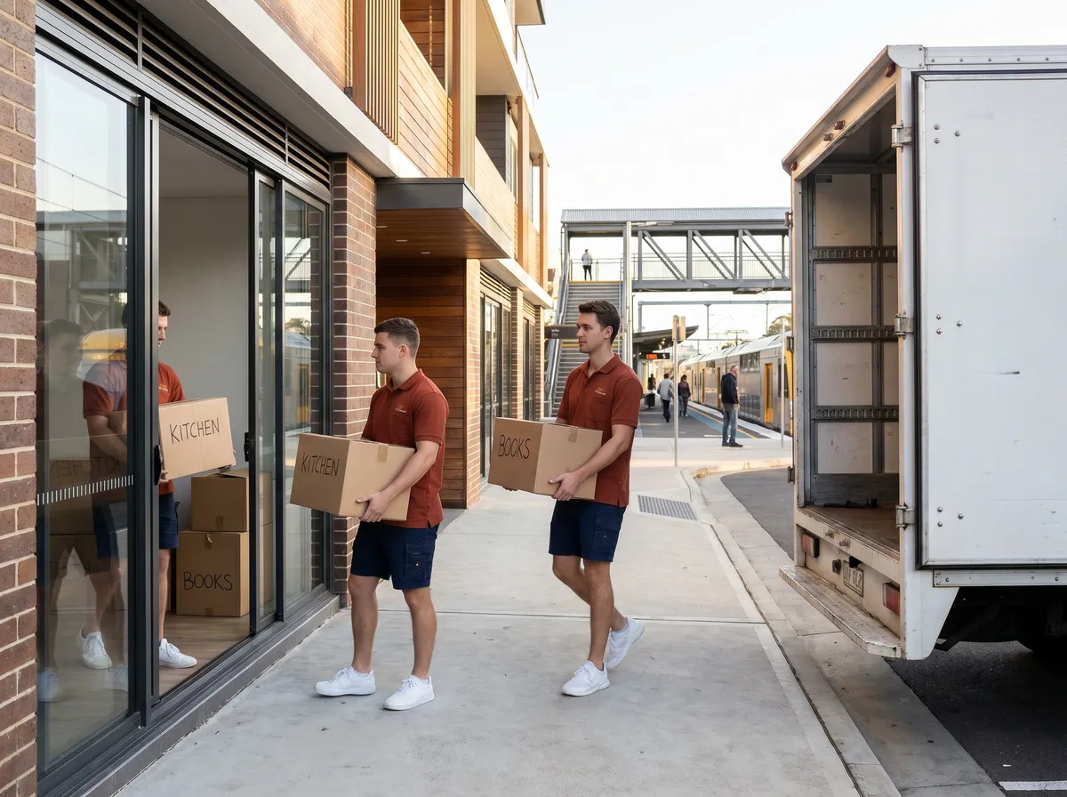 Removalists carrying labelled boxes from an apartment building entry toward a moving truck near the station