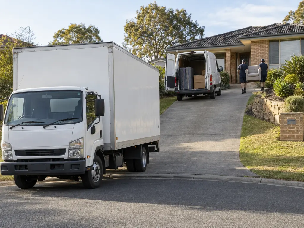 A white removal truck parked at the kerb at the foot of a sloping concrete driveway, a van parked at the top beside a brick house with its rear doors open on a load of furniture, and two removalists carrying an armchair along the front path