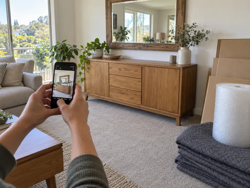 Hands hold up a phone to photograph a timber sideboard and a framed mirror in a lounge room, with folded grey moving blankets, a roll of bubble wrap and flat cardboard boxes on the carpet nearby