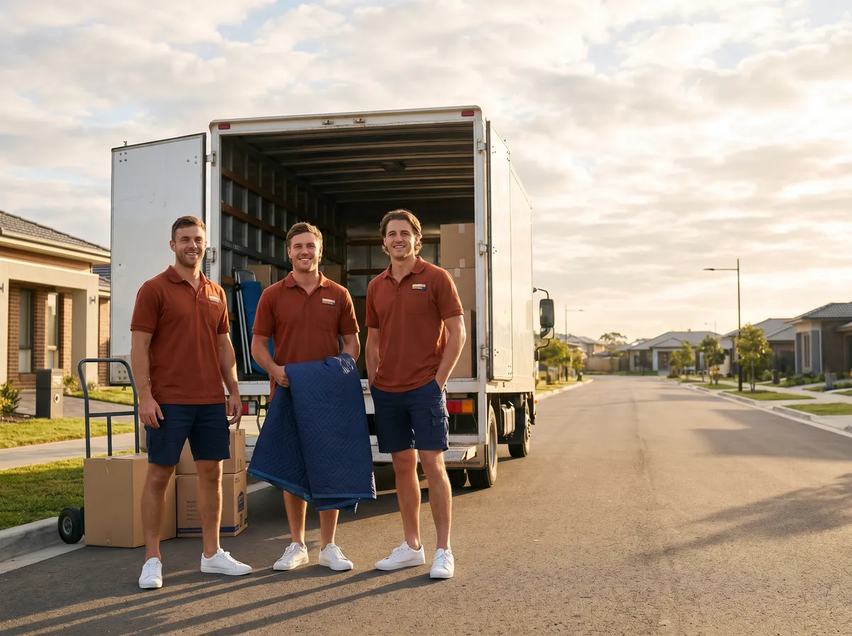 Three removalists in ochre polo shirts standing at the tailgate of a moving truck on a new estate street
