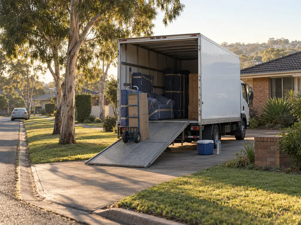 An unmarked removal truck with its ramp down outside a brick house in early-morning light, furniture wrapped in blankets on board
