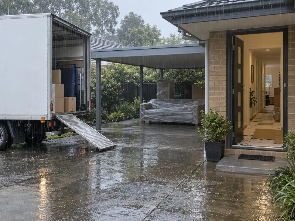 A late-summer downpour at a suburban house: an unmarked removal truck backed up close to a covered carport, a sofa wrapped in plastic film under the carport roof, and drop cloths and flattened cardboard on the hallway floor inside the open front door