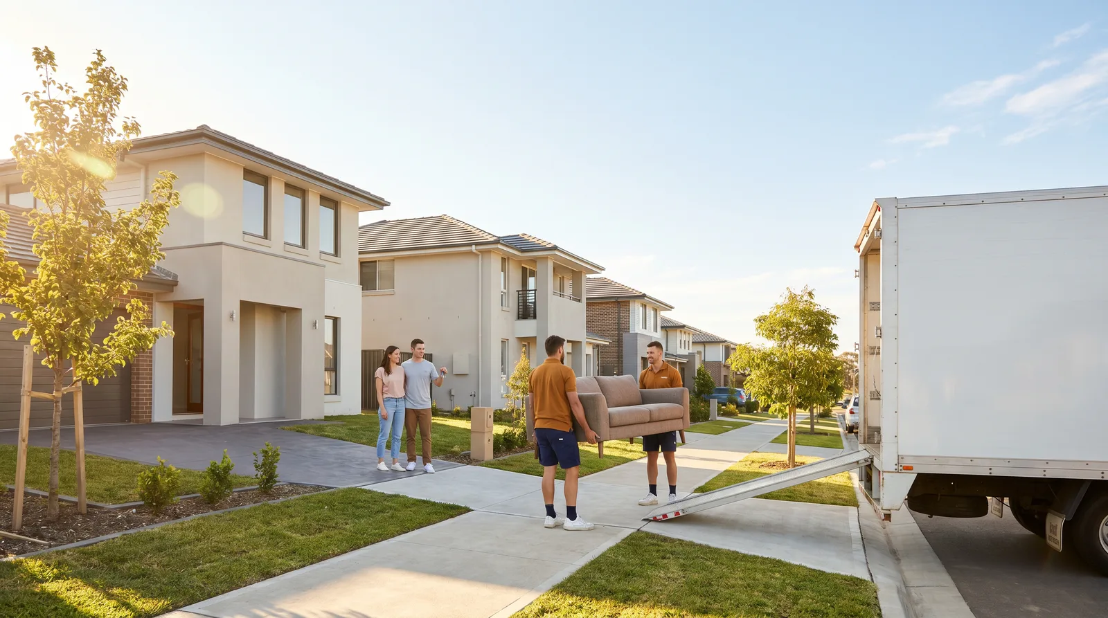 Removalists carrying a sofa from a truck toward the front door of a new double-storey home in morning light