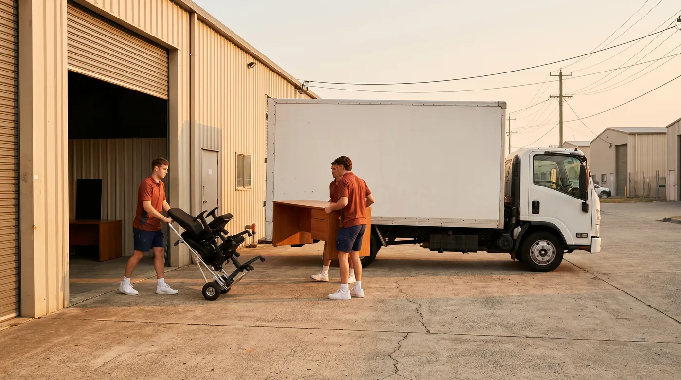 Removalists moving desks and office chairs from a warehouse office unit into a truck