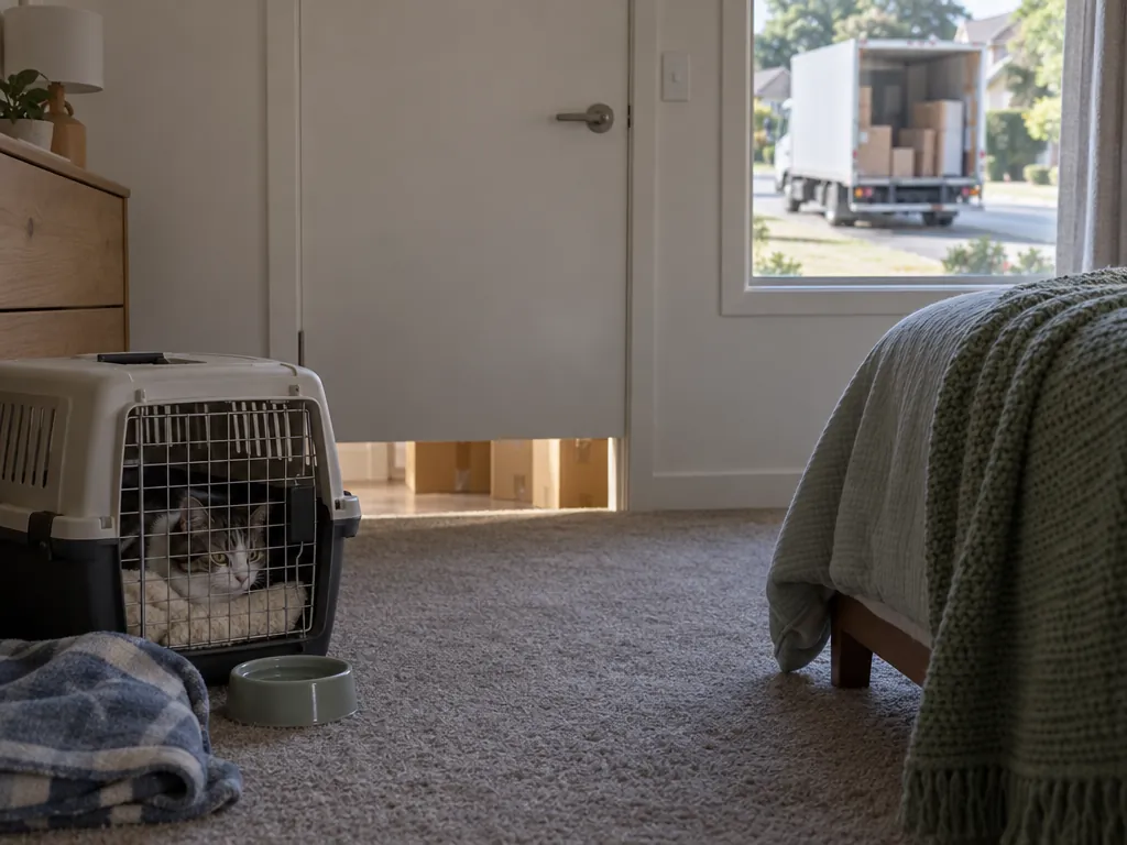 A cat curled up inside a plastic pet carrier on the carpet of a quiet bedroom, beside a water bowl and a folded blanket, with moving boxes showing under the closed door and a removal truck loaded with boxes parked in the street outside the window