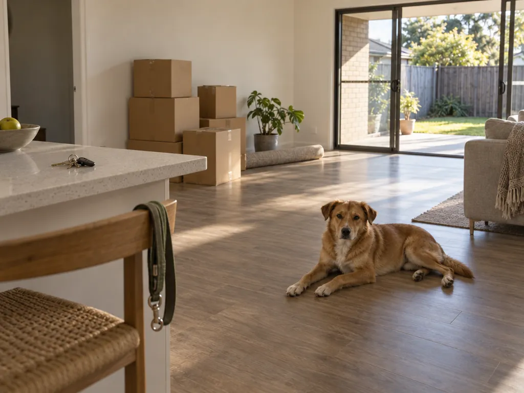 A dog lies calmly on the floor of an empty open-plan living room, with taped moving boxes stacked against a bare wall, house keys on the kitchen bench and a lead hanging from a chair.